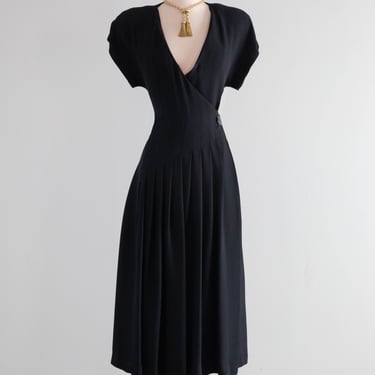 Elegant Vintage Lanvin Black Crepe Wrap Style Dress With Pleats / M