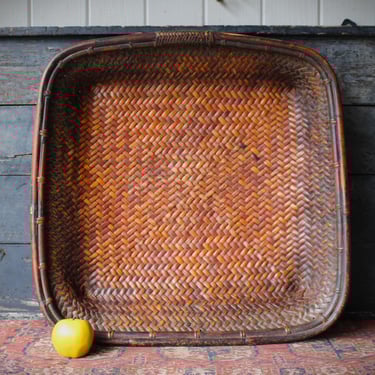 Vintage Square Asian Woven Rattan Rice Grain Winnowing Tray with Gorgeous Patina 