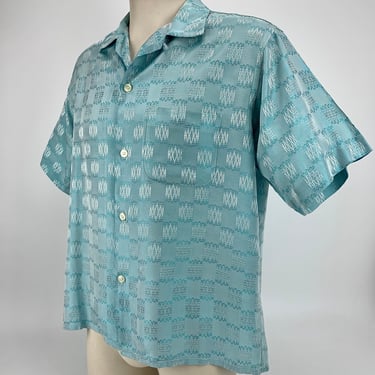 1950's Iridescent Shirt - Cool Check Pattern in Silver and Light Aqua - RIGGS Sportwear - Rayon & Acetate Blend - Mens Size Large 