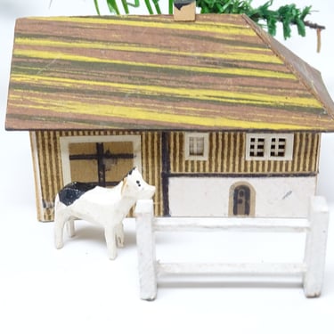 Antique German Barn with Fence & Dog for Christmas Putz or Nativity, Vintage Embossed Cardboard Toy, Germany House Light Cover 