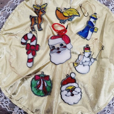 Sweet Set of 8 Vintage Stained Glass Christmas Tree Ornaments 
