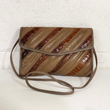 Vintage Animal Print Pattern Crossbody Purse Leather Trim Bag Shoulder Handbag USA 1980s 80s Bronze Gold Brown Taupe Tan 