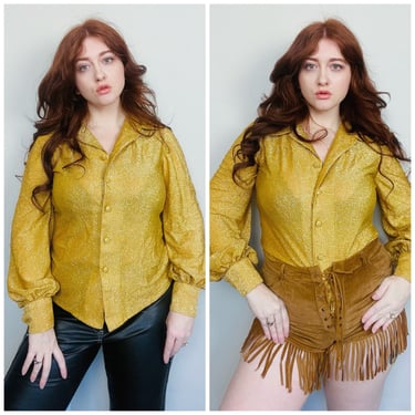 1970s Vintage Gold Lurex Blouse / 70s / Seventies Disco Metallic Blouson Sleeve Shirt / Large 