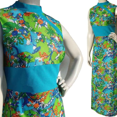 Vintage 60s Tea Timer Dress Hawaiian Japanese Asian Print Maxi M 