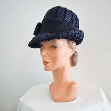 1960s Navy Blue Chevron Straw Fedora 