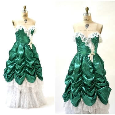 Vintage 80s Prom Dress Ball Gown XS Small Metallic Green St Pattys Day// Metallic Party Dress Green White Southern Bell Pageant Dress 