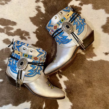 Handcrafted and Hand Painted Vintage Pearlescent White Cowgirl Boho ankle Booties with Seed Beads and Bolo Ties woman’s size 8 M 