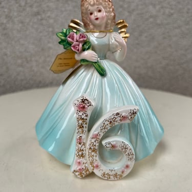 Vintage Josef Originals ceramic figurine Angel little girl Birthday 16 with roses in blues tones 