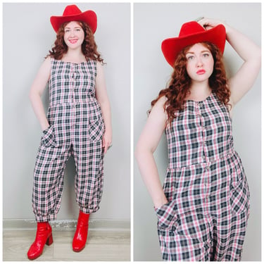 1980s Vintage Manor House Poly Cotton Cropped Leg Jumpsuit / 80s / Eighties Black / Red Plaid Jumpsuit / Size Large 