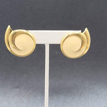Vintage MONET Clip on Earrings Gold Plated White Enamel Drop 1 3/8