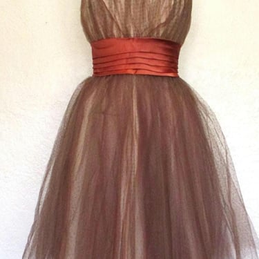 Vintage 1950s Tulle Dress, XS/S Women, Brown Tulle, Fit n Flare 