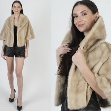 60s Natural Blonde Mink Capelet, Real Cream Wedding Wrap, Large Fur Under Collar, Cropped Womens Shrug 