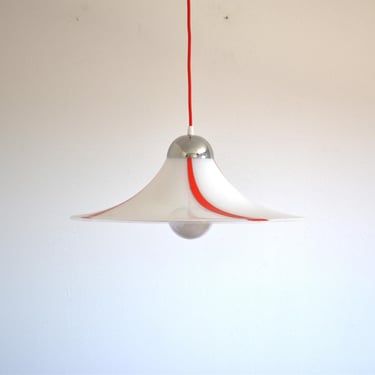 Tulip Trumpet Pendant Light / Vintage White and Red Meblo Hanging Lamp / Mid Century Modern Ceiling Lamp / Kitchen Lamp / 1970s 