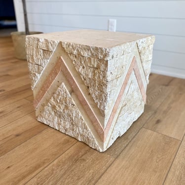 Maitland Smith Style Accent Table in Cream &amp; Pink Tessellated Stone