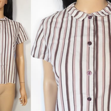 Vintage 60s Brown Striped Tailored Blouse Size M/L 