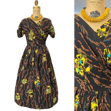 1950s cotton dress, black and yellow floral, 40s housewife, full skirt, wrap bust, fit and flare, 26 waist, classic fashion 