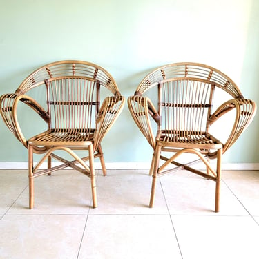 Pair Rattan Balloon Arm Chairs 