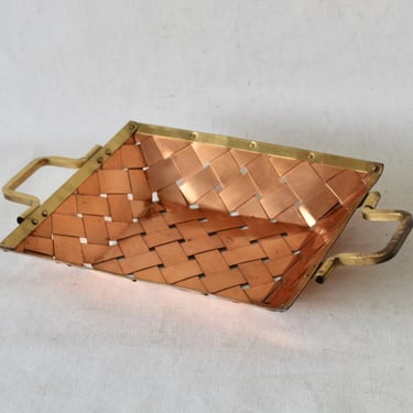 Vintage Mid Century Brass Copper Metal Weaved Decorative Tray with Collapsible Handles 