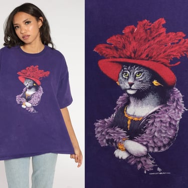Cat T-Shirt Y2K Victorian Cat Portrait Shirt Retro Funny Cartoon Illustrated Graphic Tee Kitty Kitten Cats Purple Vintage 00s Extra Large xl 