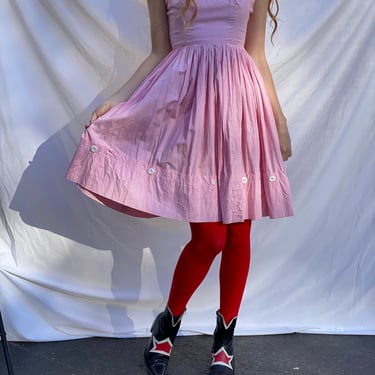 60's Cotton Dress / Pink and White Picnic Check Print with Buttoned Skirt Details / 1950's Pinup Dress / Fifties Day Dress / Summer Dress 
