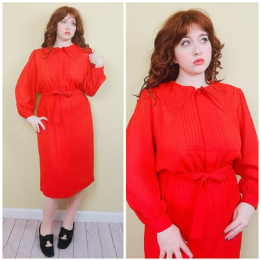 1980s Vintage Red / Orange Chiffon Sheer Secretary Dress / 80s Embroidered Collar Belted Button Dress / Medium - Large 
