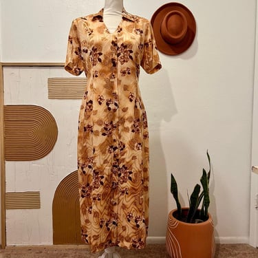 Vintage 70s Wavy Groovy Brown Floral Short Sleeve Button Down Midi Dress 