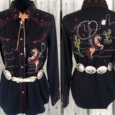Panhandle Slim Vintage Western Retro Women's Cowgirl Shirt, Black with Amazing Western Embroidered Scenes, Tag Size Large (see meas. photo) 