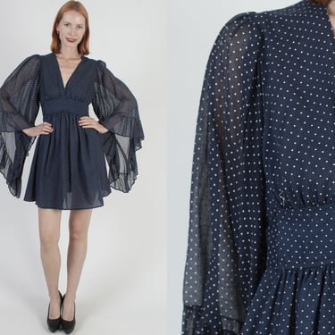 Swiss Dot Navy Blue Wrap Dress Kimono Angel Sleeve Bohemian Sundress Vintage 70s Lace Prairie Mini Dress 