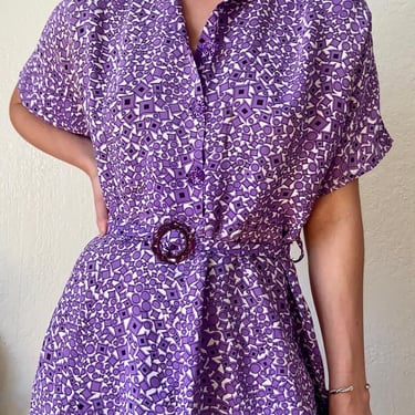Vintage Late 40s/Early 50s Nylon Purple Print Belted Collared House Dress Medium Large by TimeBa