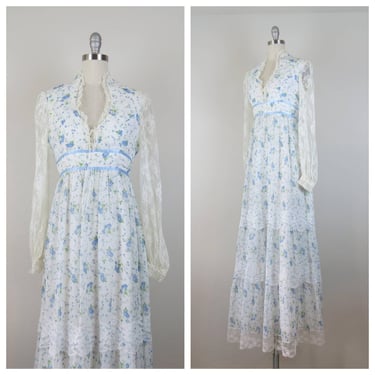 Vintage 1970s Gunne Sax style dress, floral, corset bodice, lace, tiered skirt 