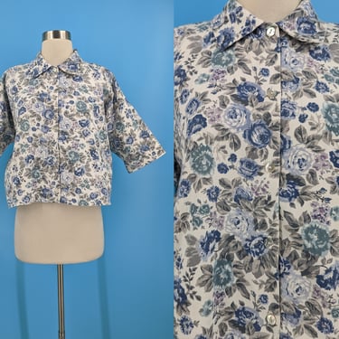 Vintage Nineties THEM Blue Rose Print Half Sleeve Boxy Button Up Blouse - Large Cotton Poly Top 