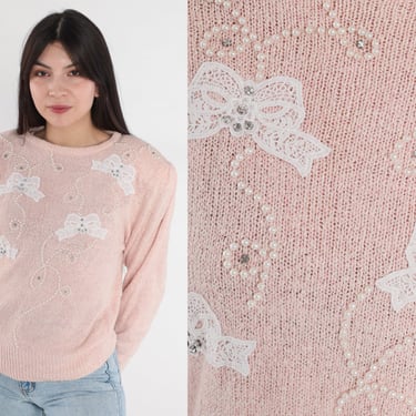 Lace Bow Sweater 80s Baby Pink Pearl Beaded Sweater Puff Sleeve Pullover Jumper Retro Girly Spring Silk Angora Blend Vintage 1980s Small S 