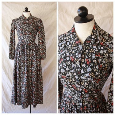 40s Navy Cotton Feedsack Ditsy Floral Dress Puff Sleeve Size S 