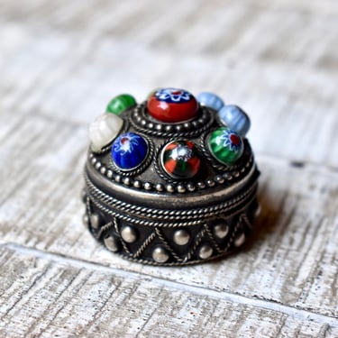 Vintage Small Jewelry Box  Silver Plated Colorful Glass Vintage Gift 