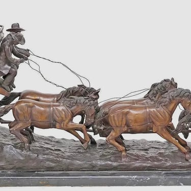 Sculpture, Bronze, After C.M. Russell, Large Western Stagecoach, Patinated, 57&quot;L