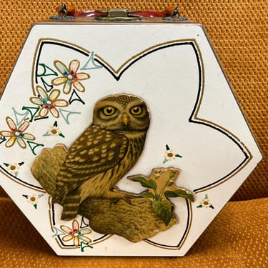 vintage owl box purse Frazier Originals hexagon bird bag 