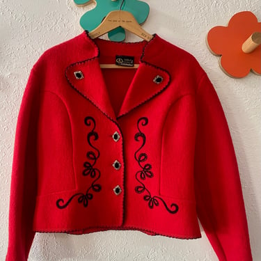 1960s Austrian Red Textured Wool with Black Embroidered Details ans Cameo Buttons Cropped Jacket. By Copperhive Vintage. 