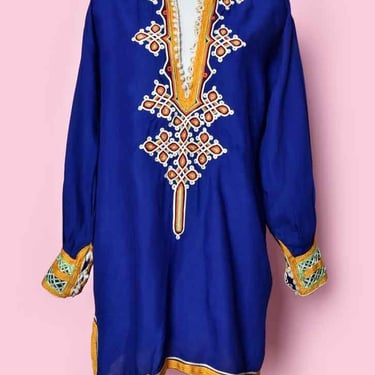 Blue Embroidered Kurta Tunic Top, Short DRESS, Vintage 1970's Hippie Moroccan Boho Embroidered 1960's kurti 