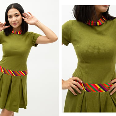 Vintage 1960s 60s Olive Green Rainbow Trim Drop Waist Pleated Mod Mini Dress // Mock Neckline Metal Zipper 