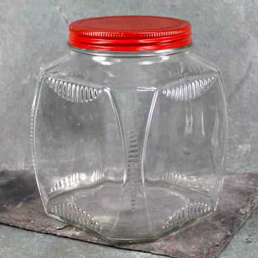 Vintage Square Counter Jar from the Old General Store | Large Vintage Candy Jar with Red Screw Top Lids | Vintage Storage | 64 oz Jar 