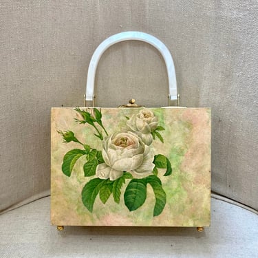 Vintage 60s BOX Purse / Blush PINK Rose Floral Decoupage / LUCITE Top Handle / Goldtone Turn Lock Clasp + Feet / Hot Pink Felt Lined 
