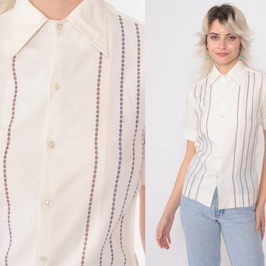 70s Striped Shirt White Chain Print Button Up Shirt Retro Collared Disco Top Short Sleeve Oxford Seventies Vintage 1970s 2xs xxs 