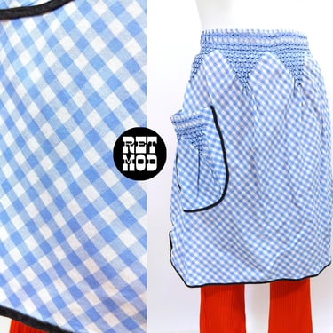 Cute Vintage 50s 60s 70s Light Blue Gingham Plaid Cotton Apron 