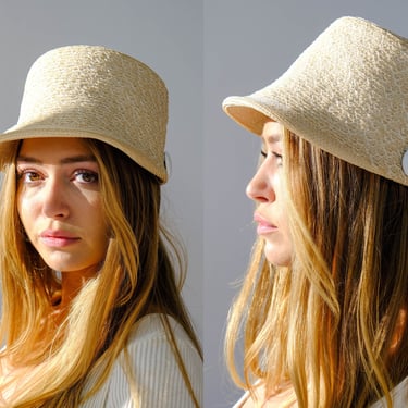 Vintage 60s Yves Saint Laurent Natural Straw Mod Hat w/ White Leather Buttons | Space Age, Go-Go, Modern | 1960s YSL Designer Summer Hat 
