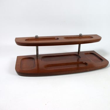 Mid Century Desk Organizer Men's Dresser Top Valet Vintage Two Tiered Teak Wood Vanity Tray Jewelry Storage with Compartments London Leather 