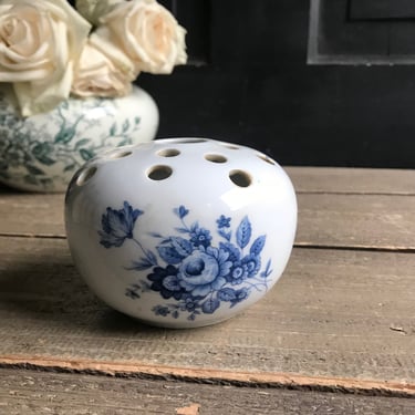 French Limoges Flower Frog, Floral Arranging Vase, Blue Floral Design, Hallmarked 