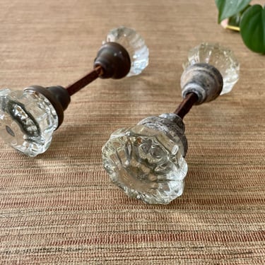 Vintage Glass Door Knobs - 12 Point Starburst Glass with Spindles- Set of Two 