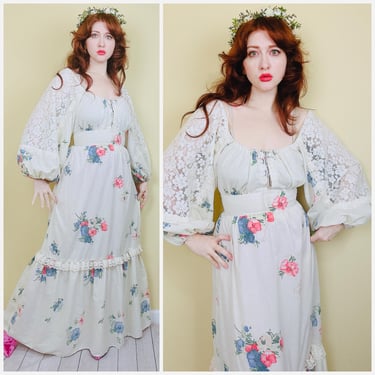 1970s Vintage Cream , Blue n Red Floral Prairie Dress / 70s Romantic Lace Balloon Sleeve Maxi / Size Medium 