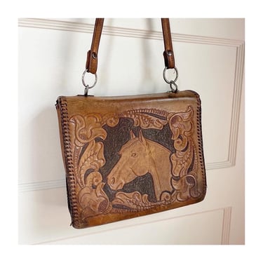 1970s Horse Head and Floral Crossbody Purse in Brown Leather 