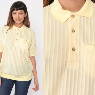 Light Yellow Polo Shirt 80s 90s Ribbed Collared Shirt Preppy Short Sleeve Top Pocket Banded Hem Retro Plain Vintage 1980s Men's Medium M 